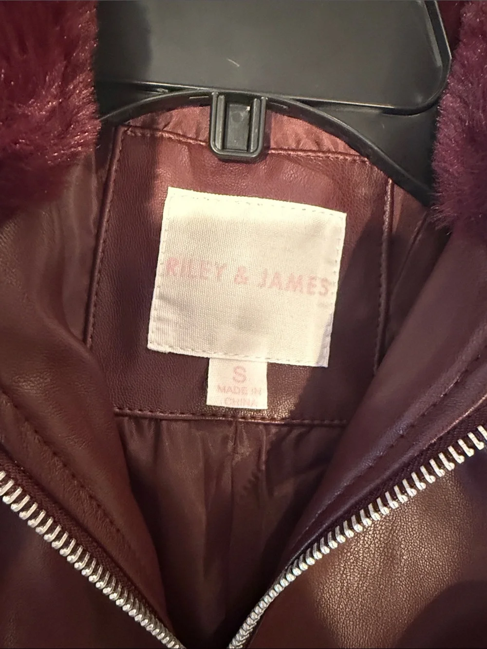 Women's Faux Leather Bomber Jacket with Faux Fur Collar - Burgundy